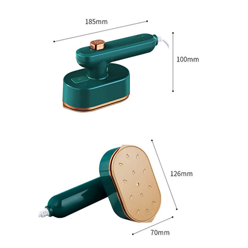 Målskisse av mini strykejernet: 185 mm langt, 100 mm høyt, sålen 126 × 70 mm