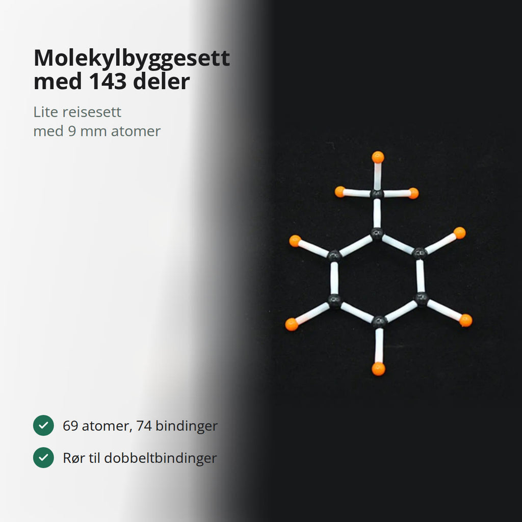 Molekylmodell bygget med settet: seksring av svarte karbonatomer med oransje hydrogenatomer og hvite bindinger på svart bakgrunn