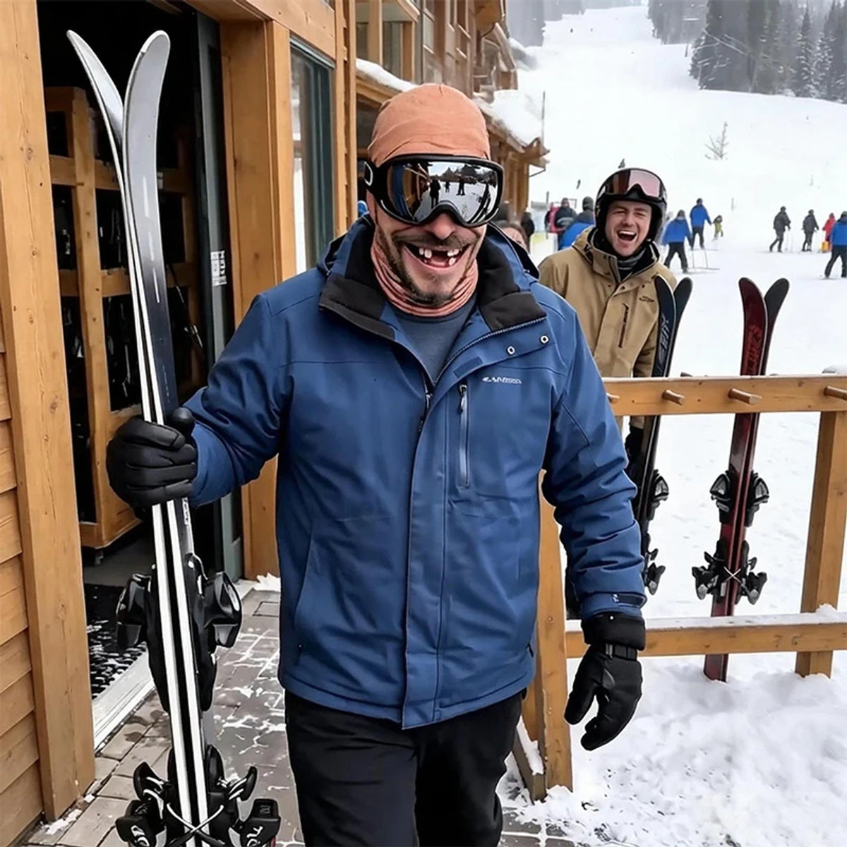 Skiløper med ski i hånda utenfor en skihytte, med Glis-balaklava under skibrillene