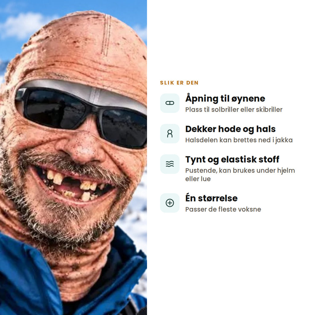Nærbilde av Glis-balaklavaen med solbriller: åpning til øynene, dekker hode og hals, tynt og elastisk stoff, én størrelse