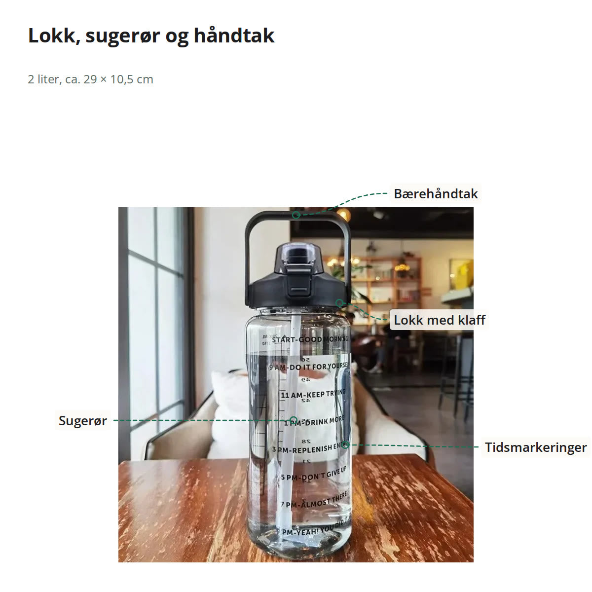 Motivasjonsflaske med svart lokk, med håndtak, lokk, sugerør og tidsmarkeringer merket