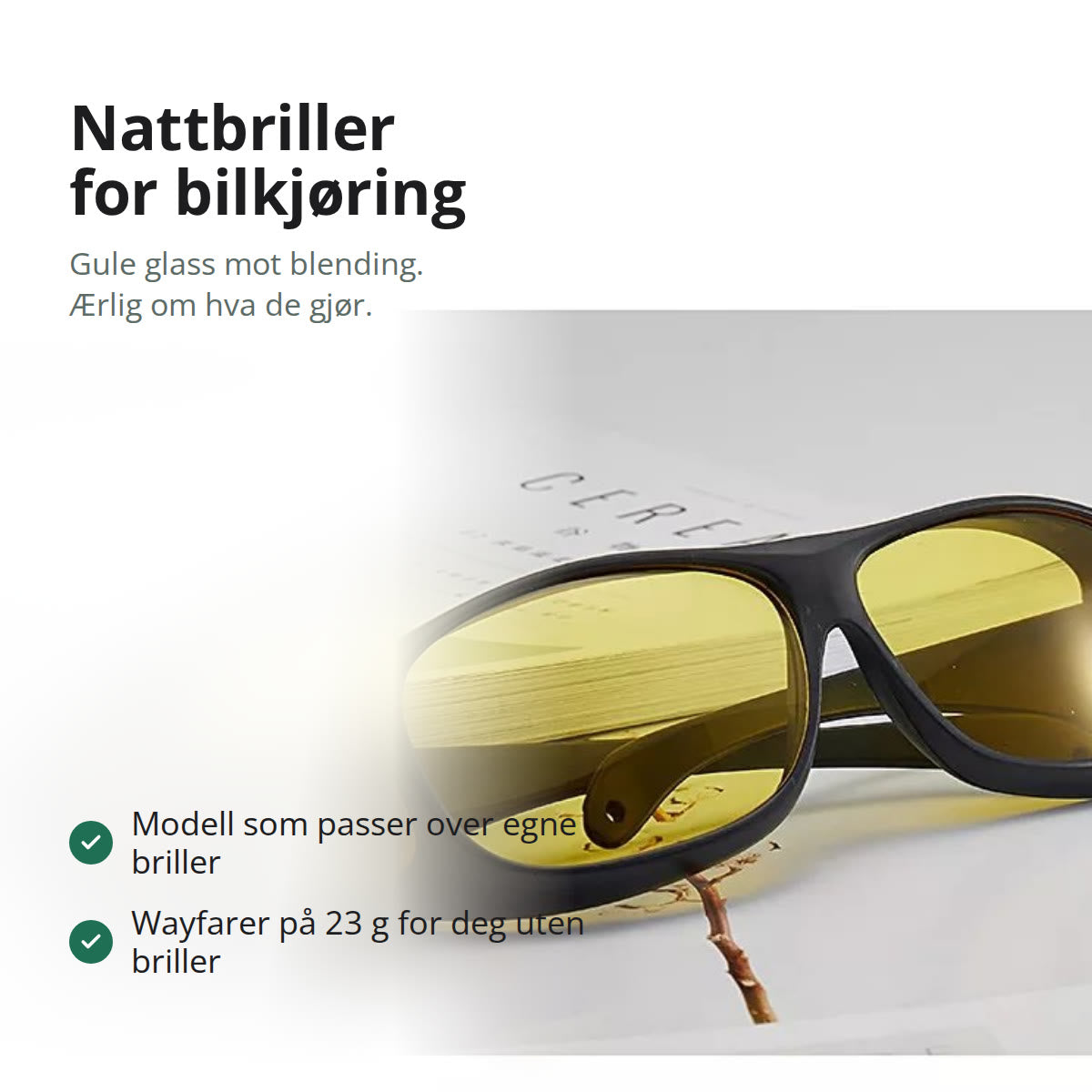 Nattbriller for bilkjøring med gule glass og svart innfatning som passer utenpå egne briller, liggende på et magasin