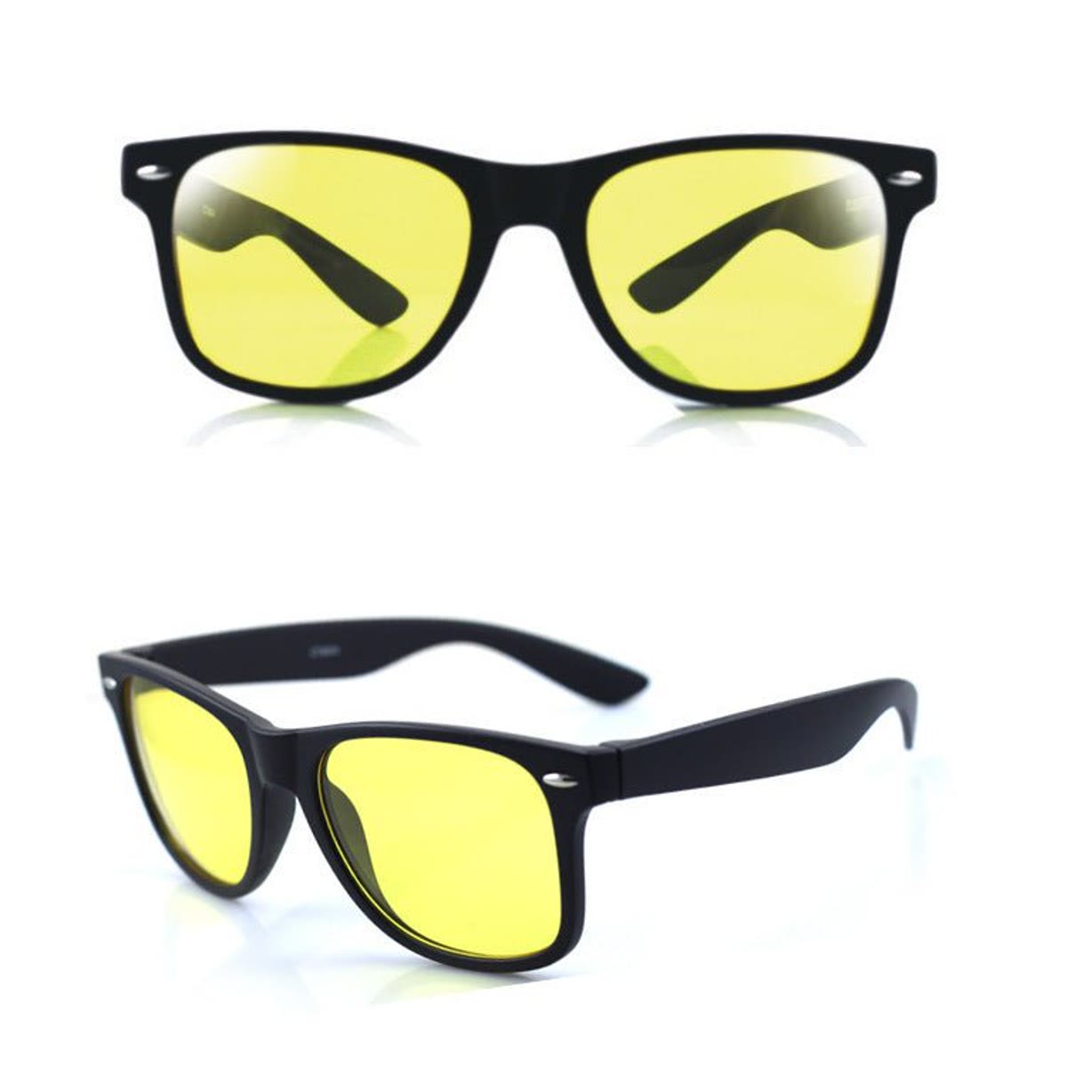 Wayfarer-modellen sett forfra og skrått, gule glass