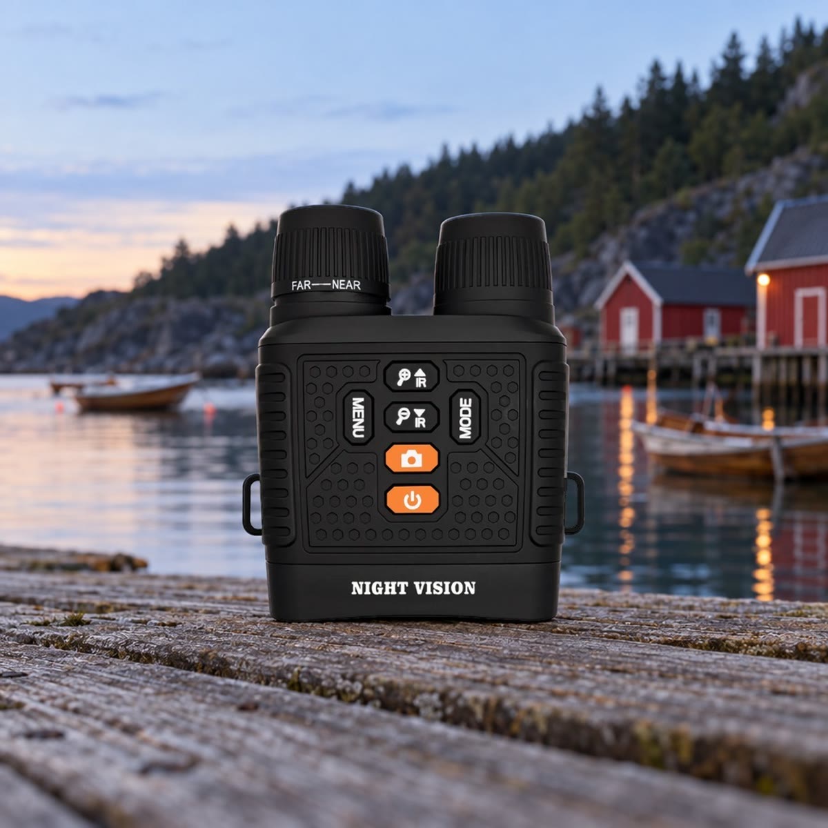 Digital nattkikkert på en værbitt brygge i en liten båthavn om kvelden, med robåter og røde naust i bakgrunnen