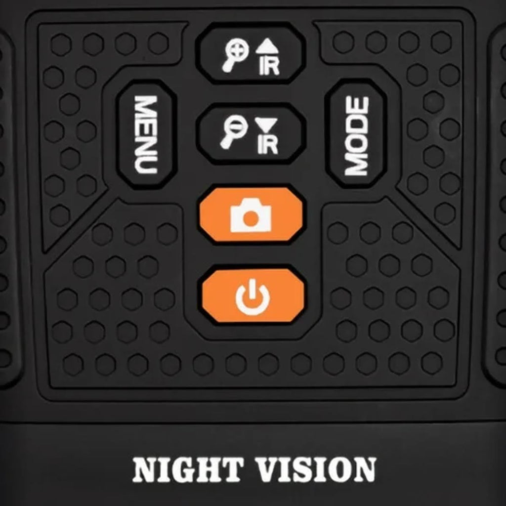 Nærbilde av knappene på toppen: zoom og IR-styrke, MENU, MODE, oransje kameraknapp og av/på-knapp over skriften NIGHT VISION