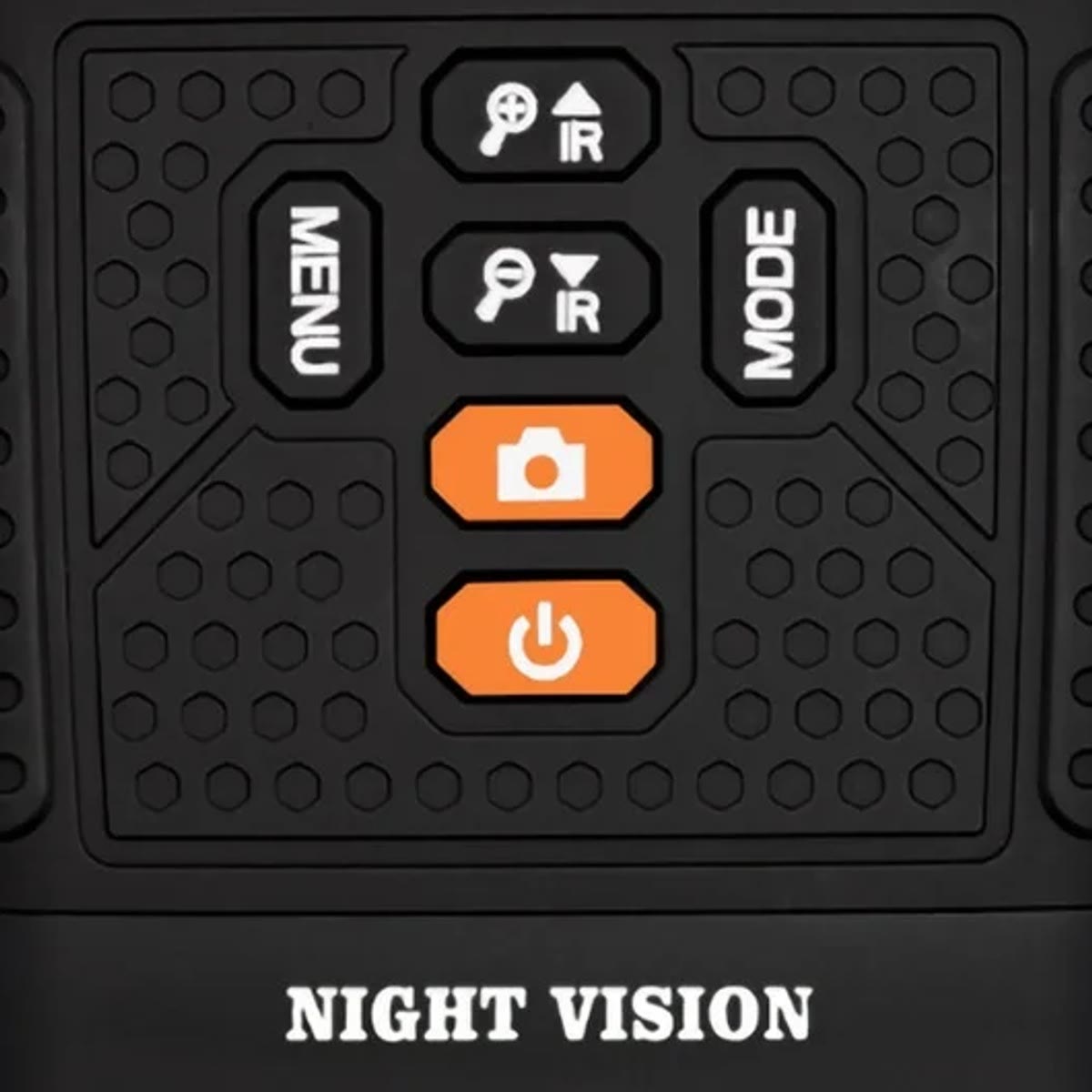 Nærbilde av knappene på toppen: zoom og IR-styrke, MENU, MODE, oransje kameraknapp og av/på-knapp over skriften NIGHT VISION