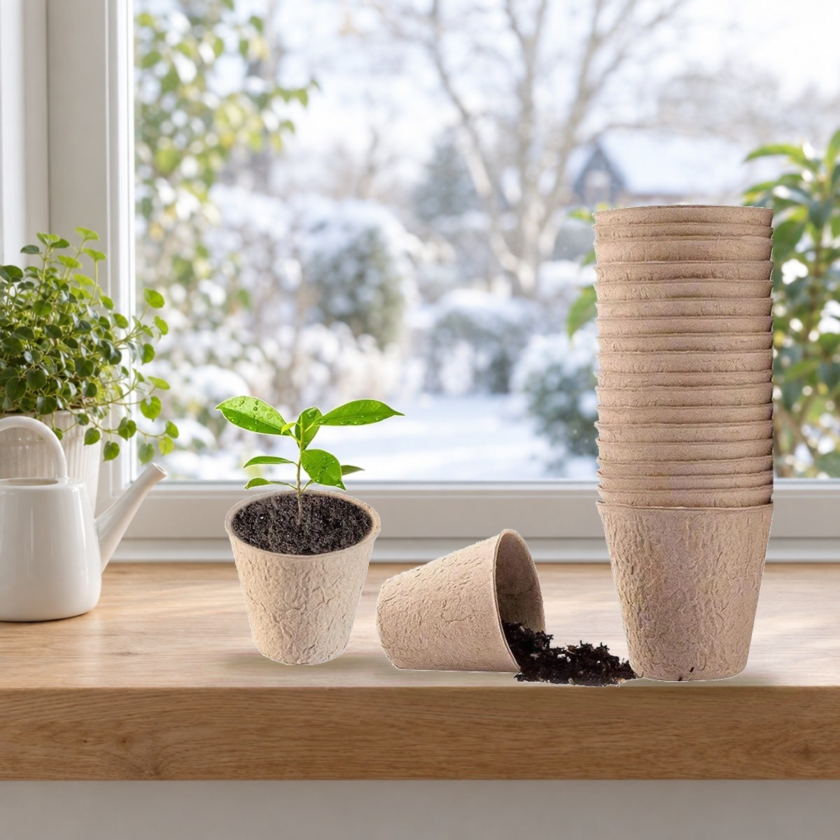 Plantepotter i papirmasse på en vinduskarm, én med en liten plante
