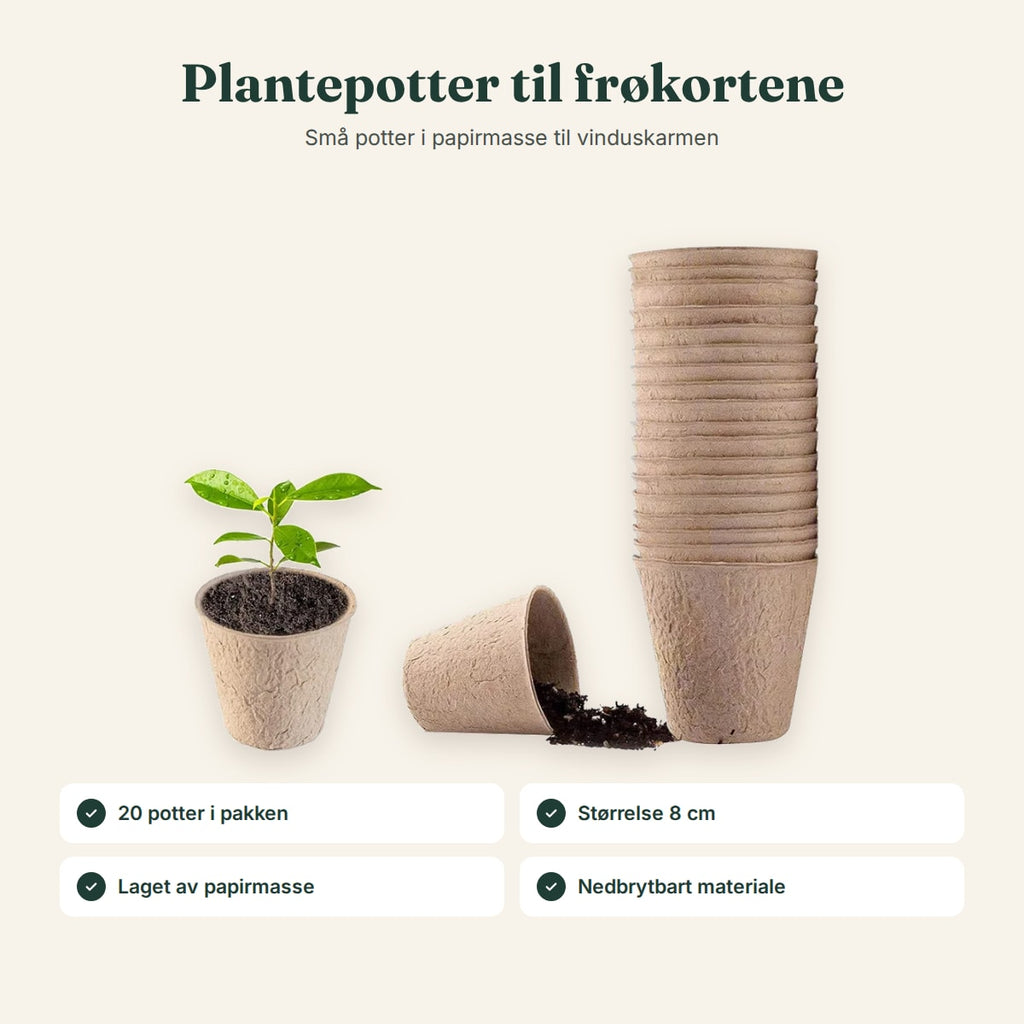 20 plantepotter i papirmasse, størrelse 8 cm