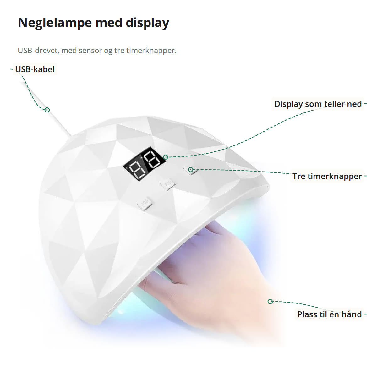 Hvit neglelampe merket med USB-kabel, display, tre timerknapper og plass til én hånd