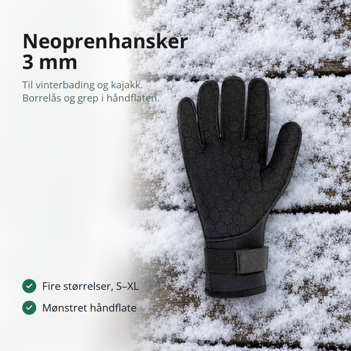 Svart neoprenhanske med mønstret håndflate og borrelås på en snødekt brygge sett ovenfra