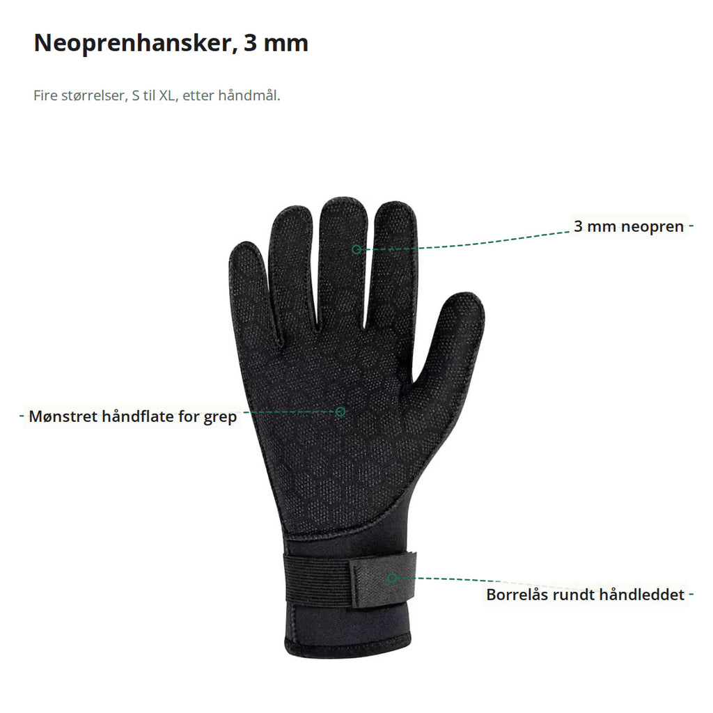 Neoprenhanske merket med 3 mm neopren, mønstret håndflate og borrelås rundt håndleddet