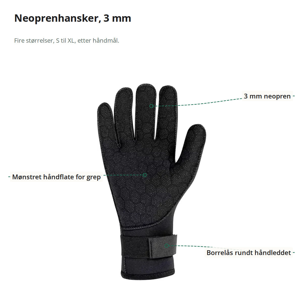 Neoprenhanske merket med 3 mm neopren, mønstret håndflate og borrelås rundt håndleddet
