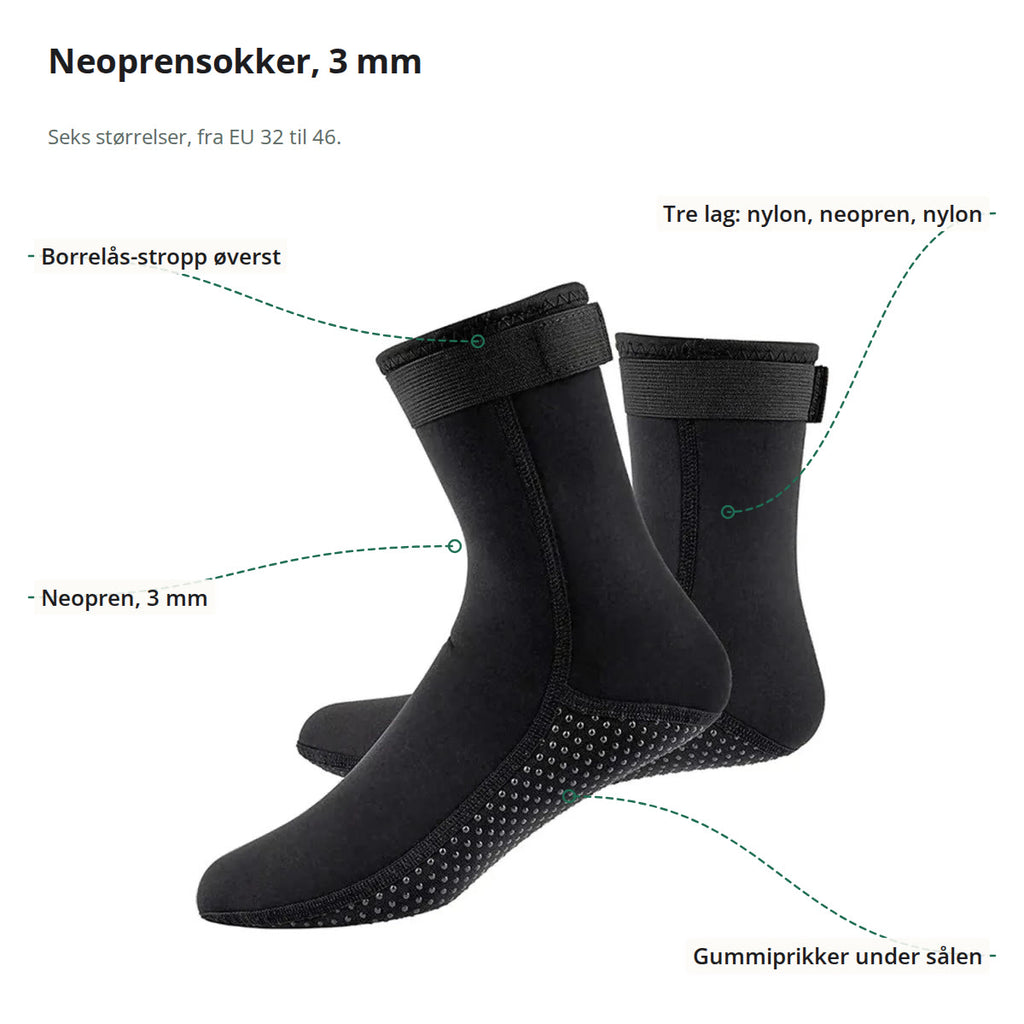 Et par neoprensokker merket med borrelås-stroppen, de tre lagene, 3 mm neopren og gummiprikkene under sålen