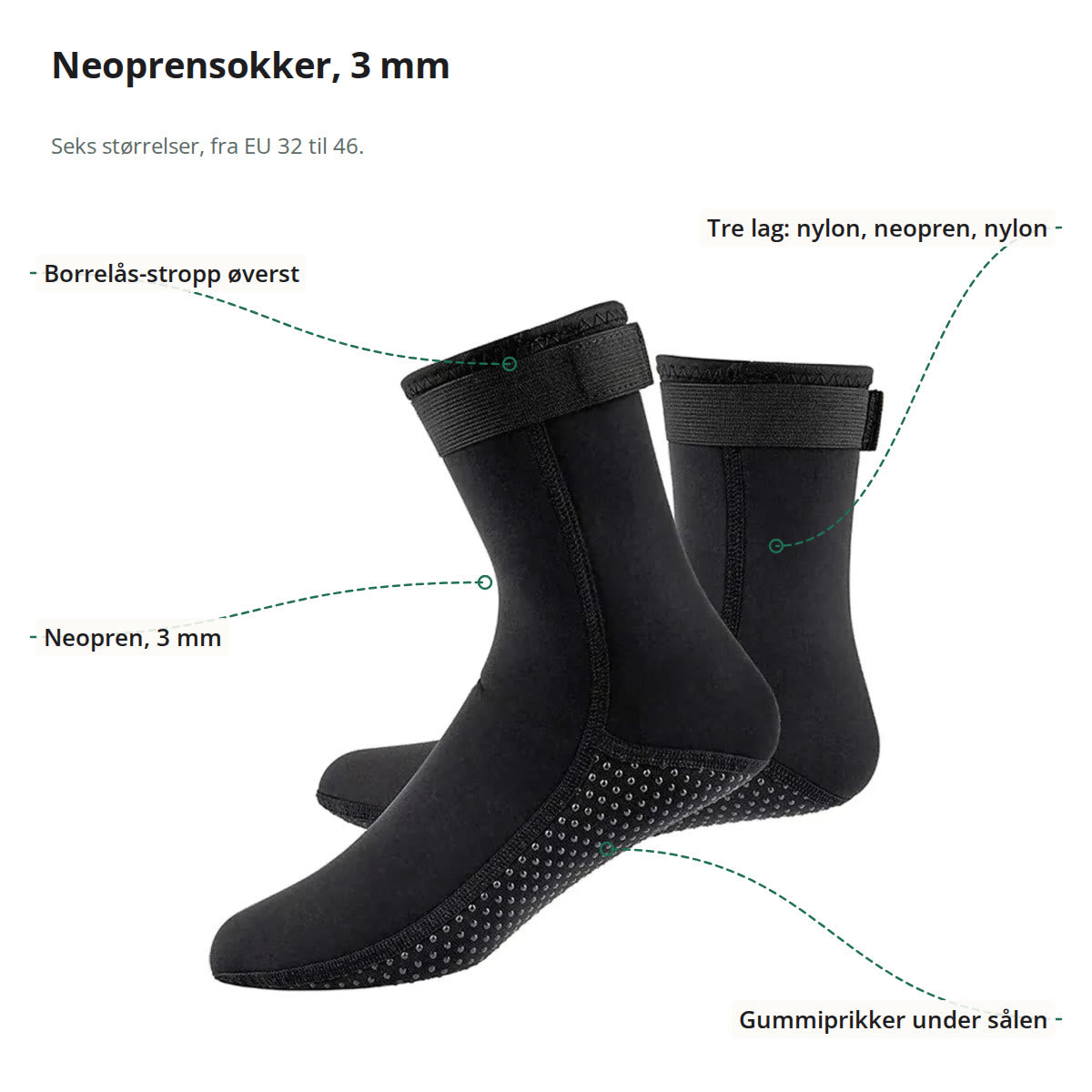 Et par neoprensokker merket med borrelås-stroppen, de tre lagene, 3 mm neopren og gummiprikkene under sålen