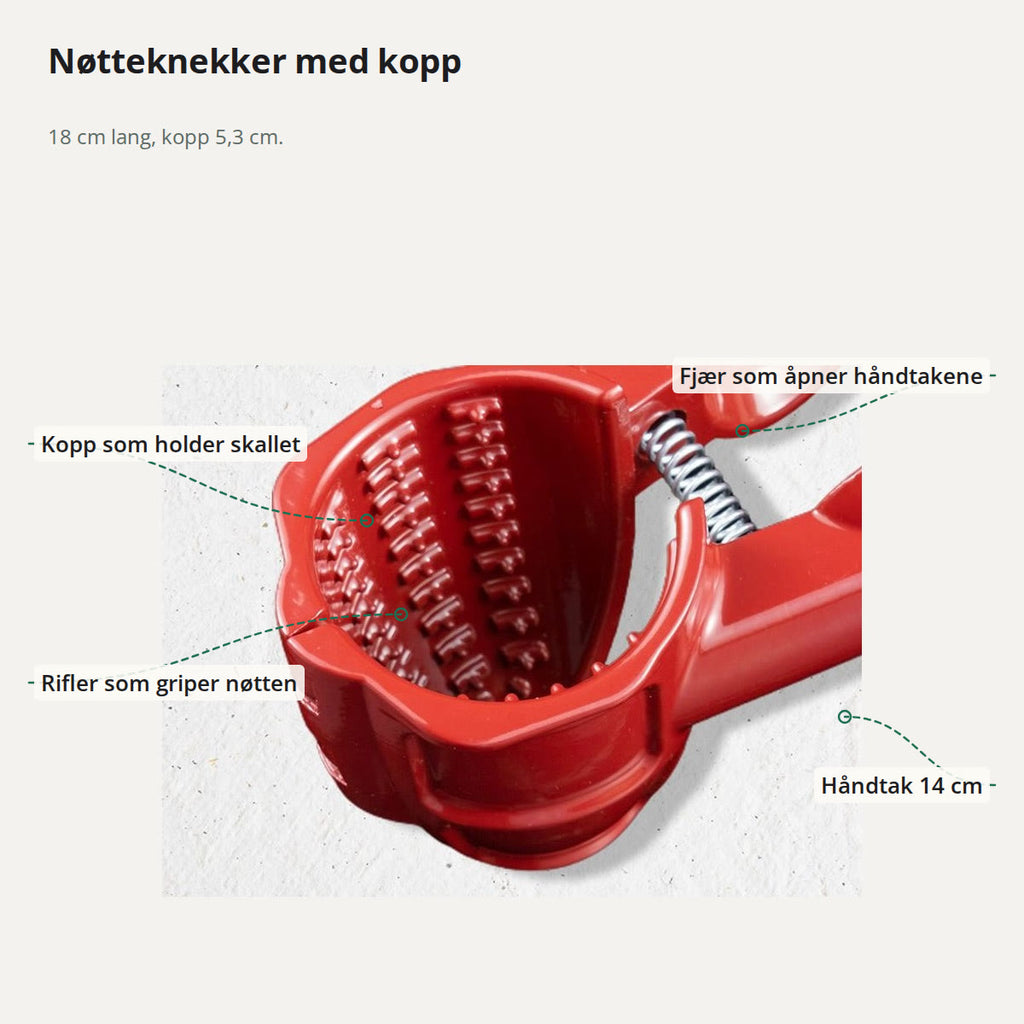 Nøtteknekkeren merket med kopp som holder skallet, rifler som griper nøtten, fjær som åpner håndtakene og håndtak på 14 cm