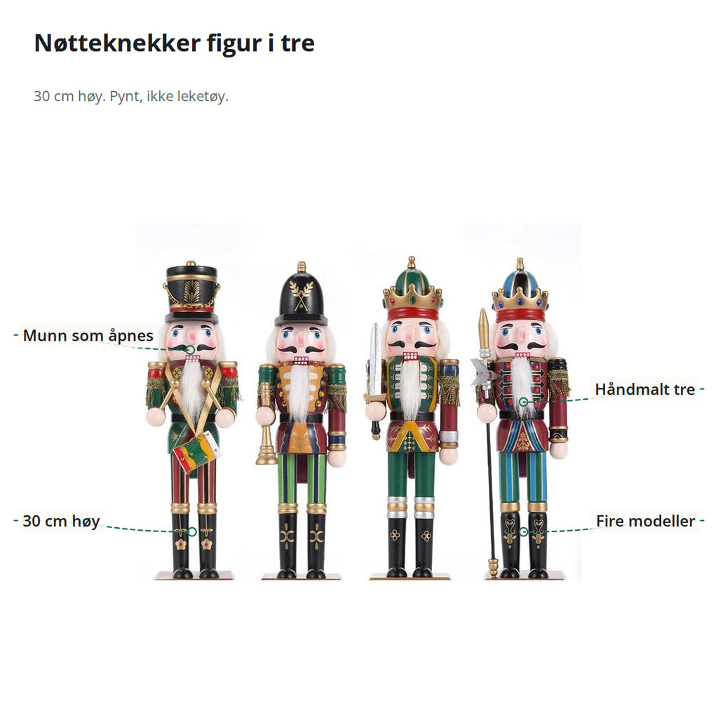 Nøtteknekker figurene merket med munn som åpnes med hendelen bak, håndmalt tre, 30 cm høyde og fire modeller