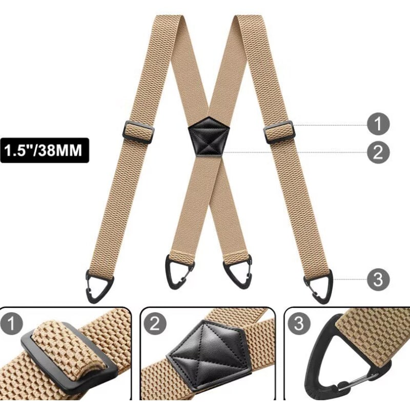 Beige seler i X-form med nummererte detaljer: elastikk, ryggstykke og karabinkrok