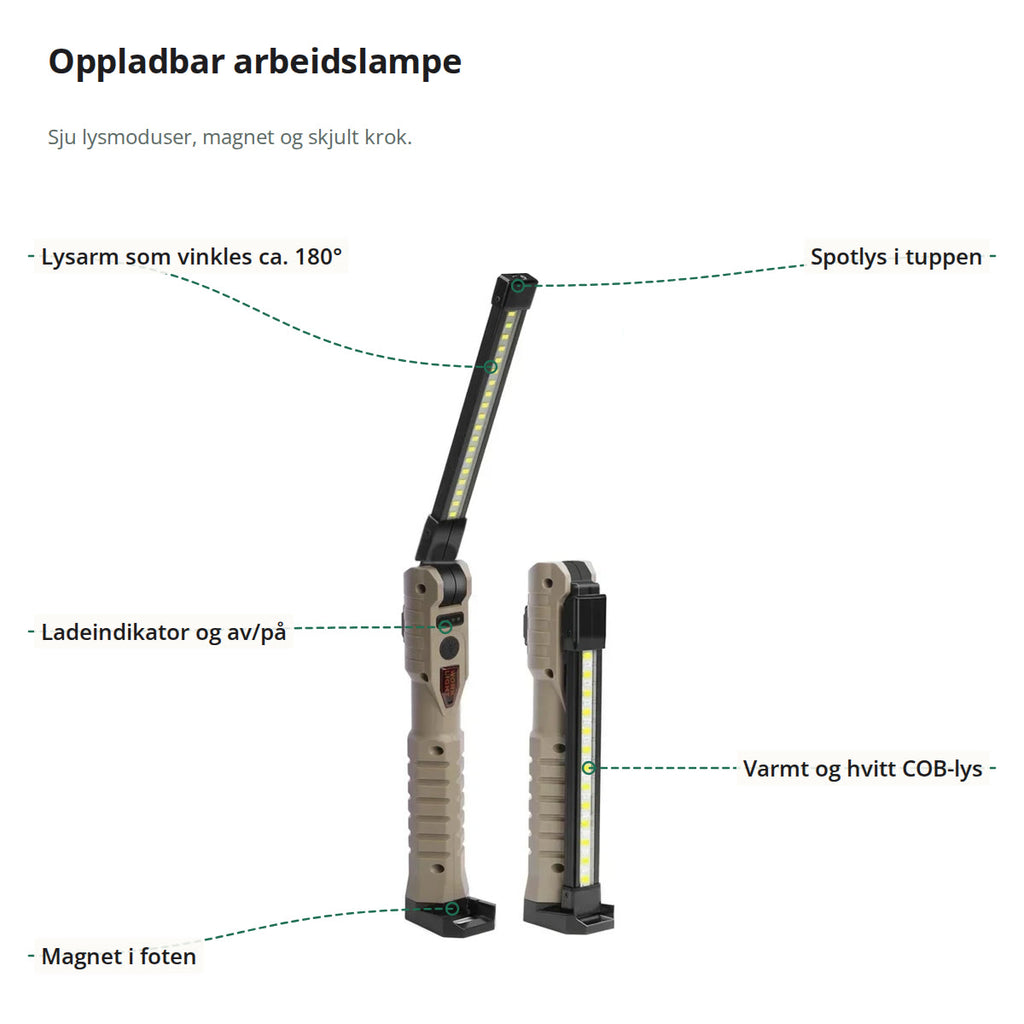 Arbeidslampen utbrettet og sammenslått, merket med vinklet lysarm, spotlys, ladeindikator, COB-lys og magnet i foten