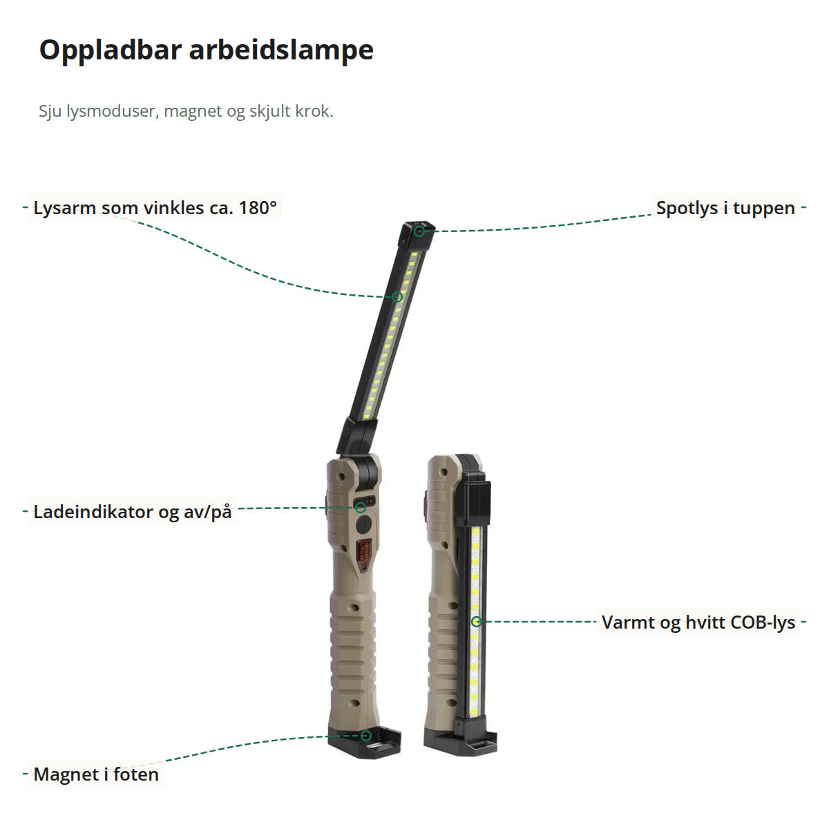 Arbeidslampen utbrettet og sammenslått, merket med vinklet lysarm, spotlys, ladeindikator, COB-lys og magnet i foten