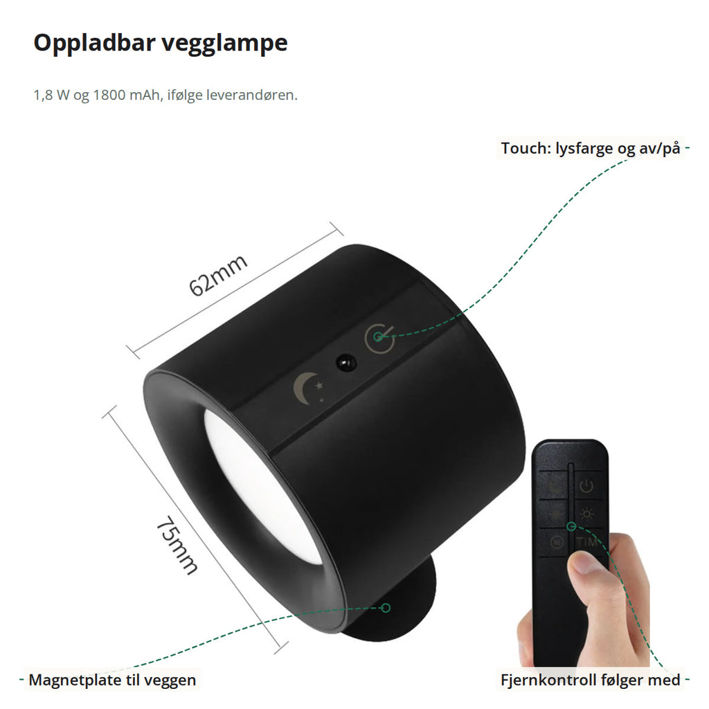 Svart vegglampe med mål 62 og 75 mm, merket med touch-knapp, fjernkontroll og magnetplate til veggen