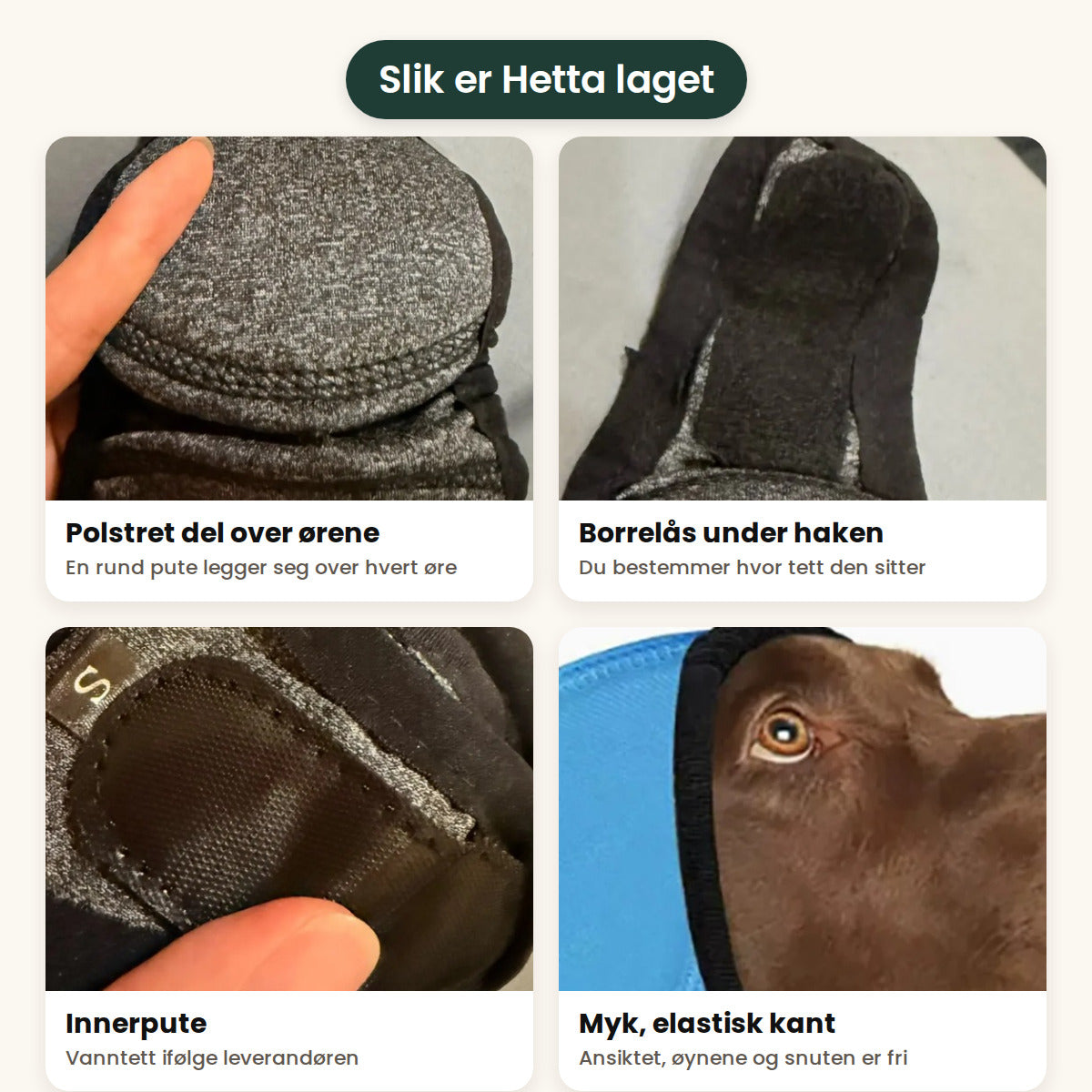 Detaljer på Hetta: polstret pute over ørene, borrelås under haken, innerpute og myk, elastisk kant rundt ansiktet
