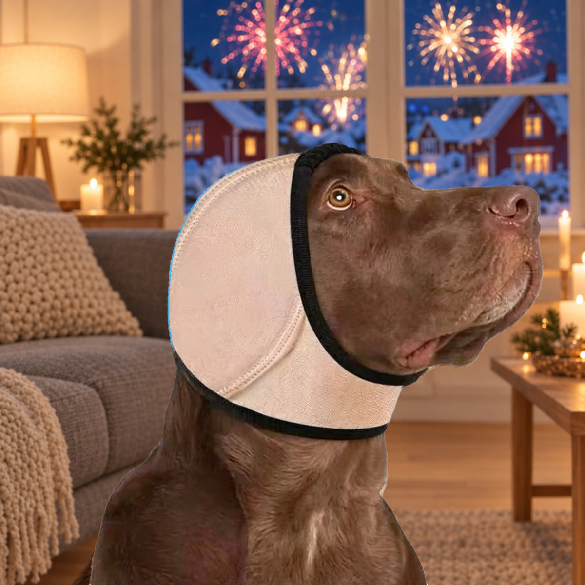 Brun labrador med beige Hetta-ørehette i stua på nyttårsaften