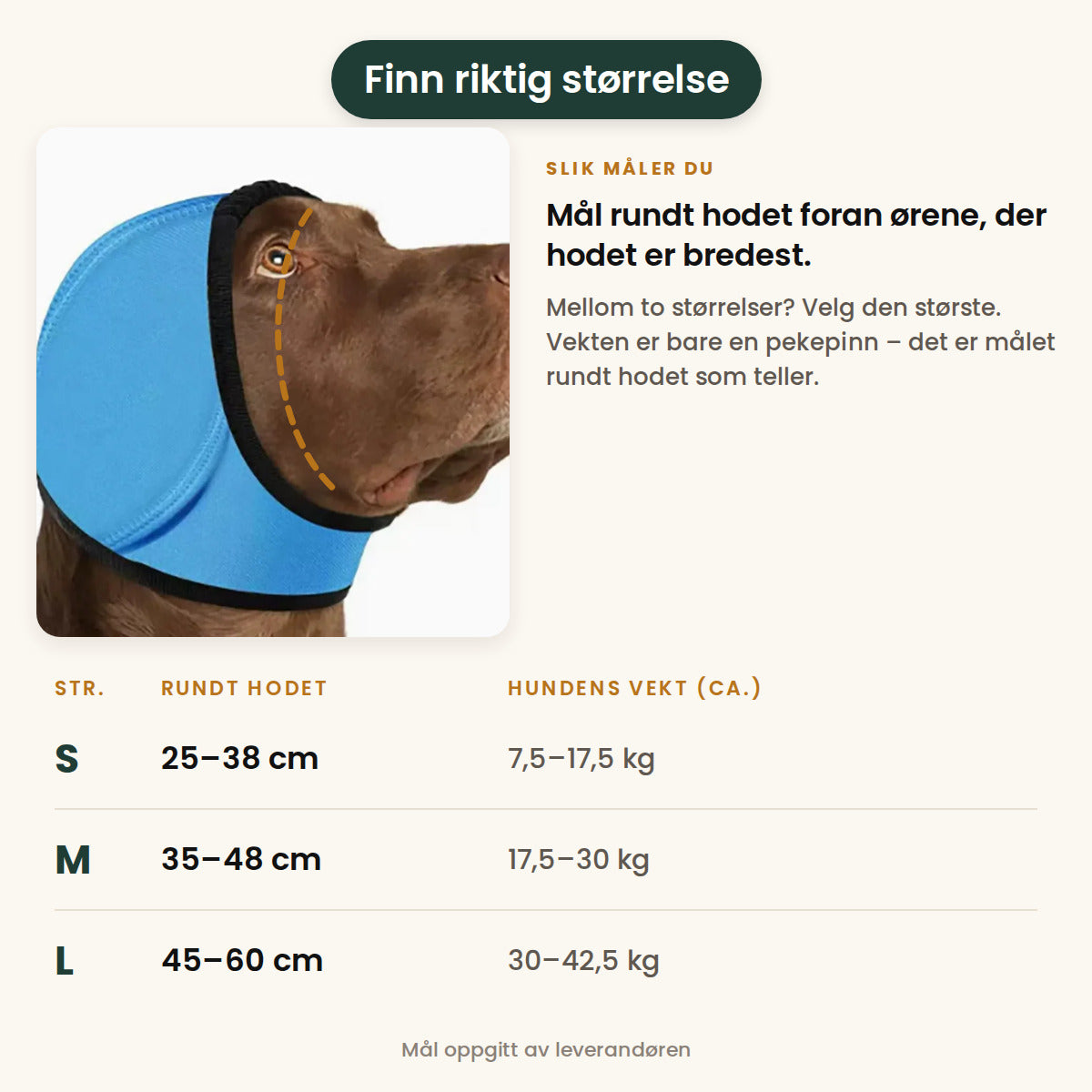Størrelsesguide for Hetta: mål rundt hodet foran ørene – S 25–38 cm, M 35–48 cm og L 45–60 cm