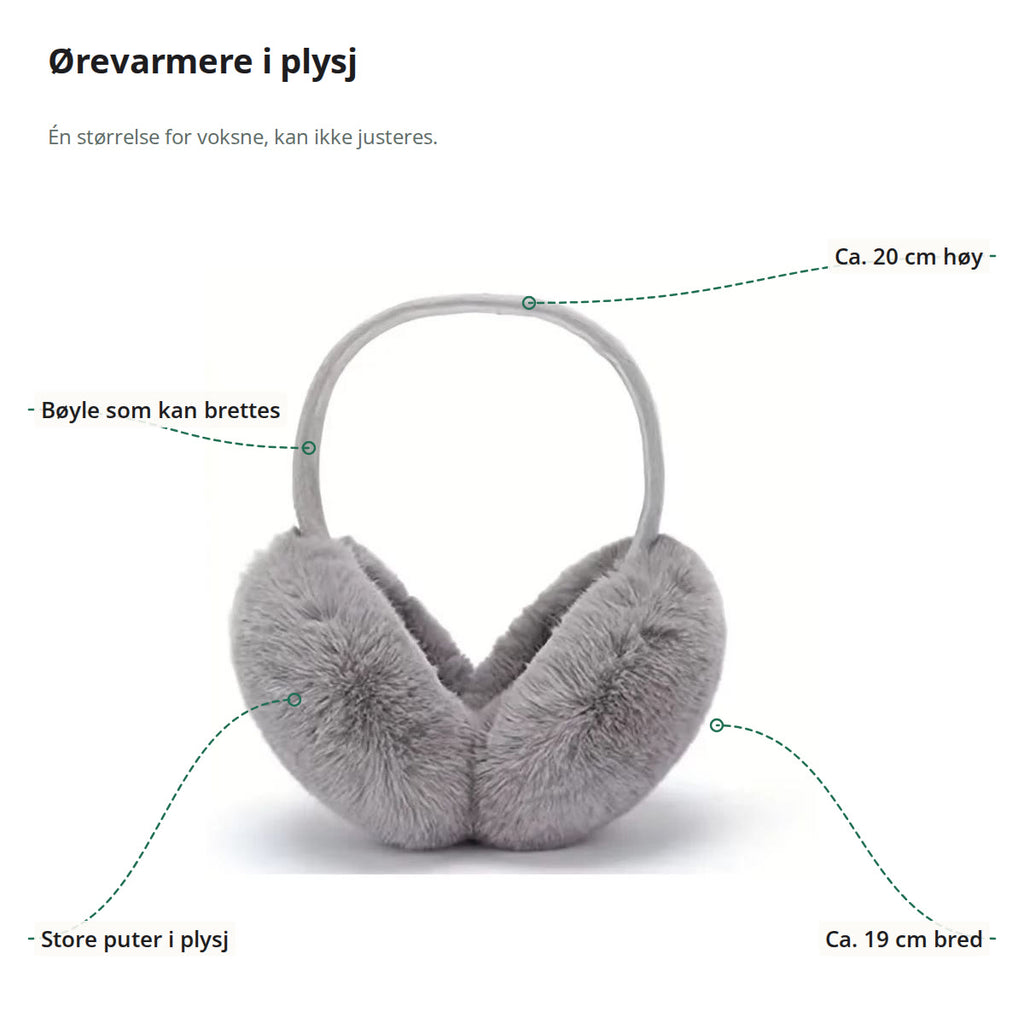 Grå ørevarmere merket med høyde ca. 20 cm, bredde ca. 19 cm, bøyle som kan brettes og store puter i plysj