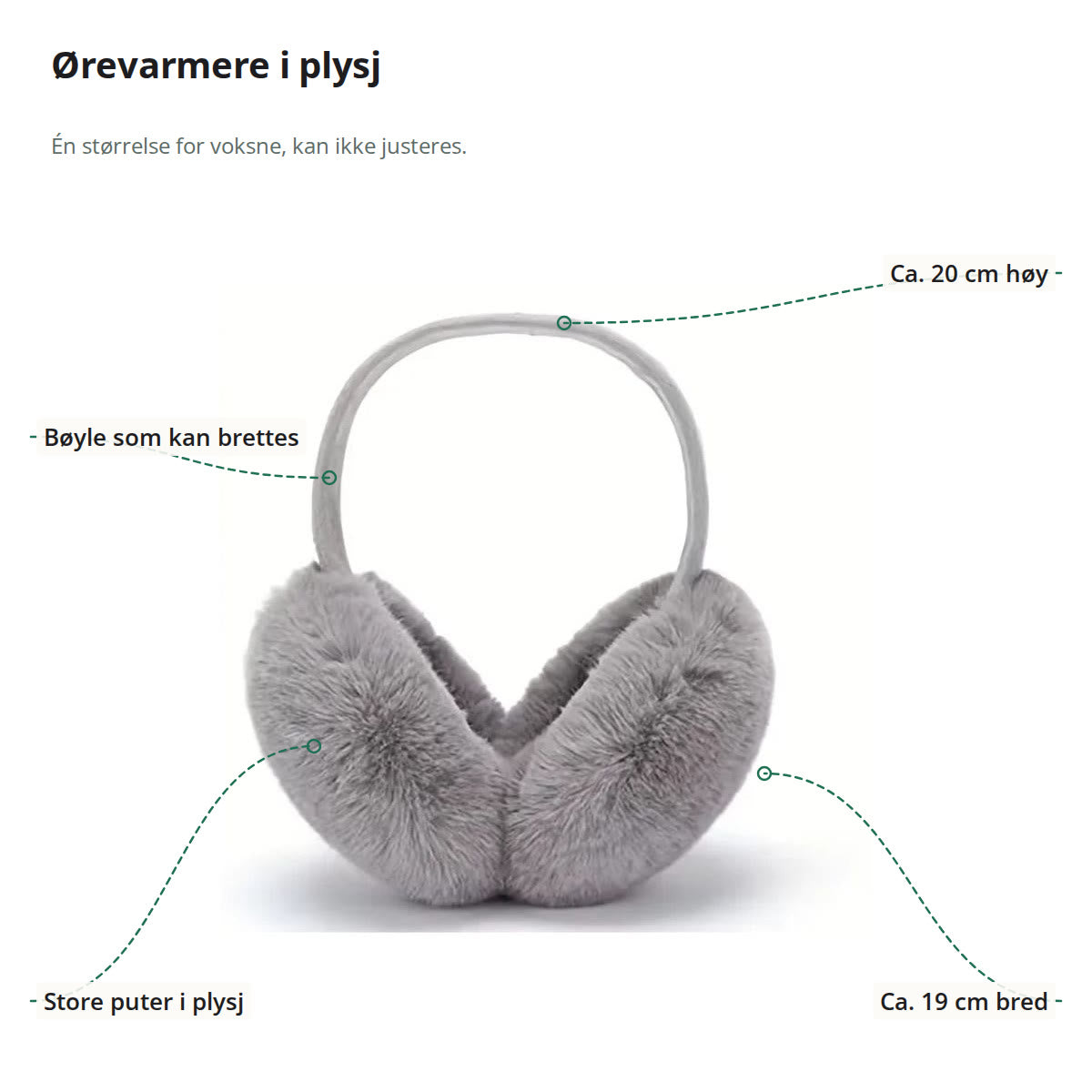 Grå ørevarmere merket med høyde ca. 20 cm, bredde ca. 19 cm, bøyle som kan brettes og store puter i plysj