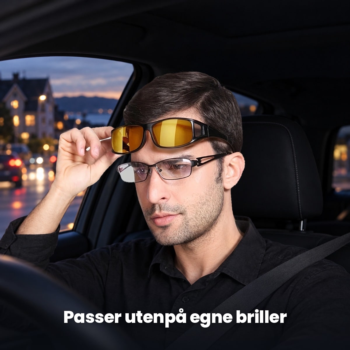 Motlys passer utenpå egne briller: overbrillene løftes opp over vanlige briller i bilen