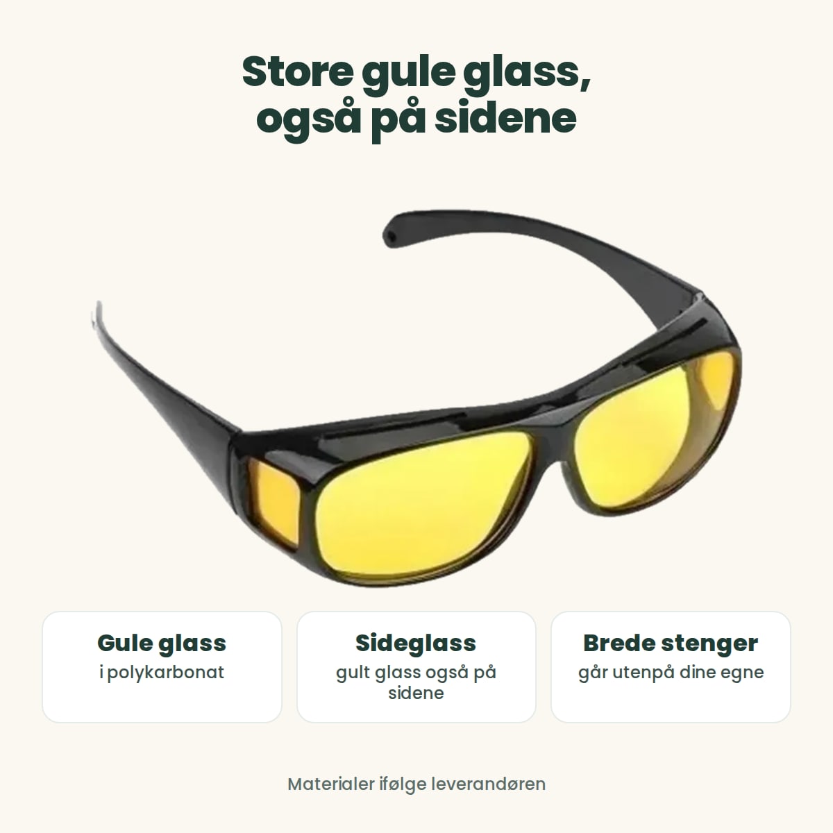 Motlys har store gule glass foran og gule sideglass, glass i polykarbonat og brede stenger