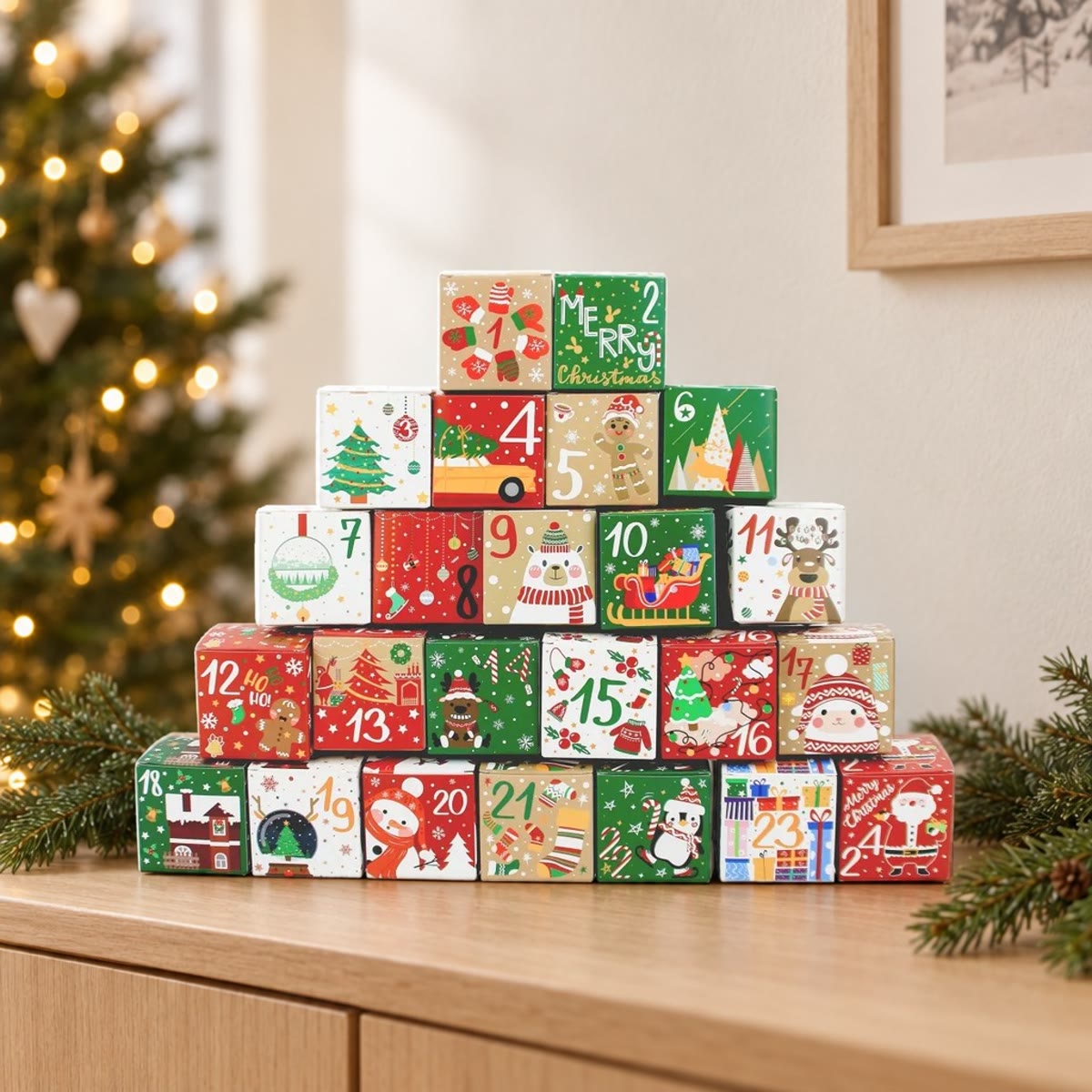 Pakkekalender med 24 esker stablet som en pyramide foran et juletre