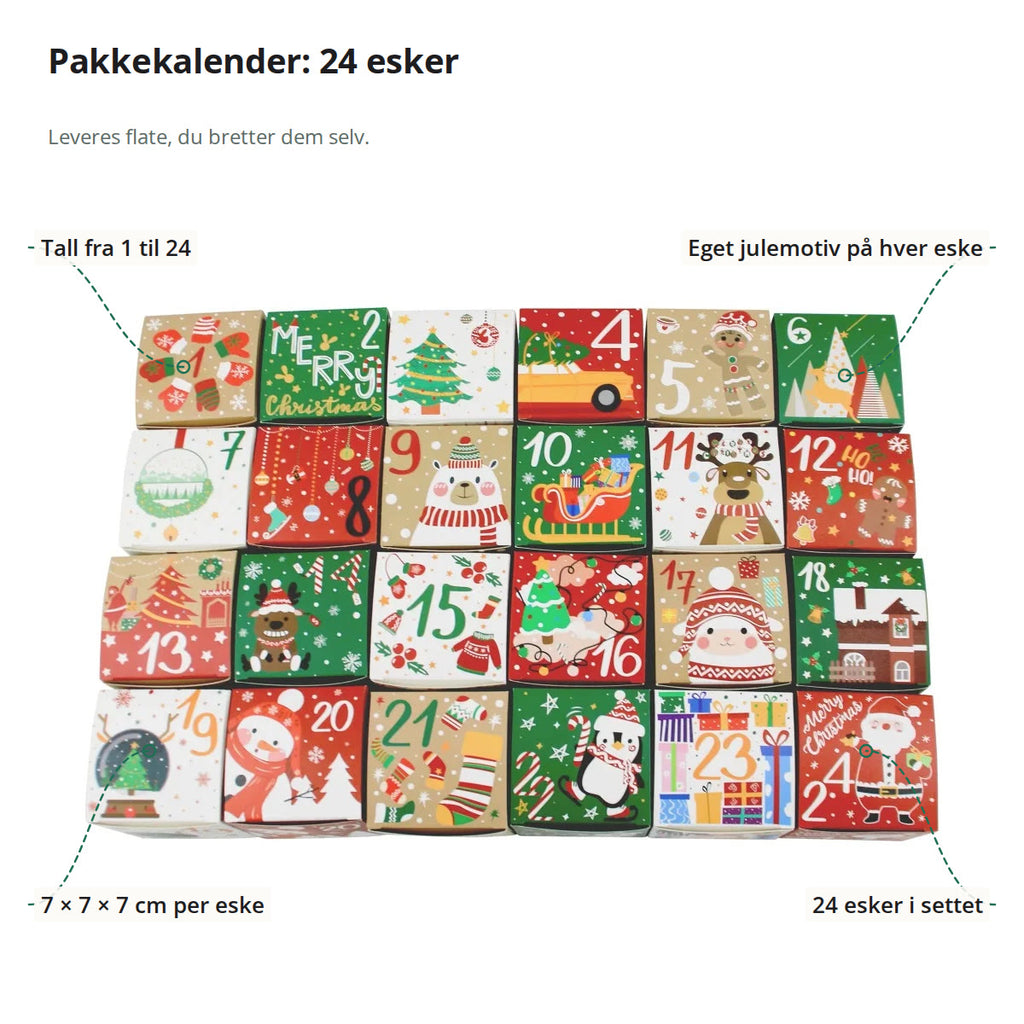 De 24 eskene i pakkekalenderen på rad, merket med tallene 1 til 24, eget julemotiv og målet 7 × 7 × 7 cm