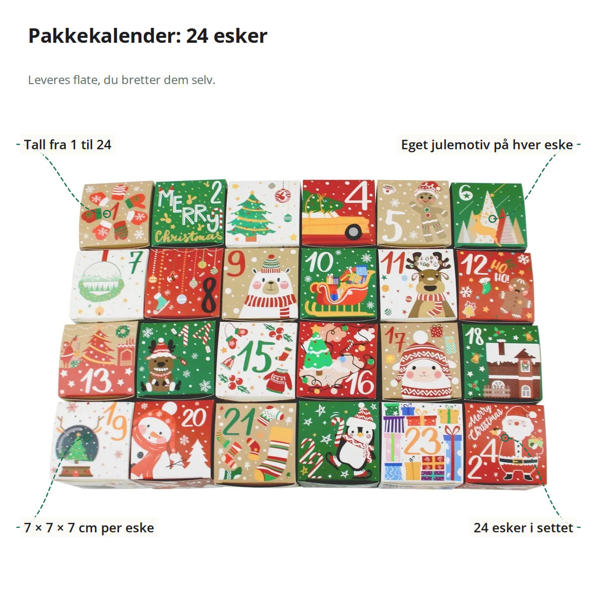 De 24 eskene i pakkekalenderen på rad, merket med tallene 1 til 24, eget julemotiv og målet 7 × 7 × 7 cm