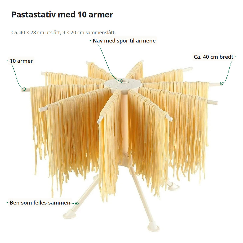 Pastastativ med fersk spagetti, merket med armene, navet, bredden og bena som felles sammen