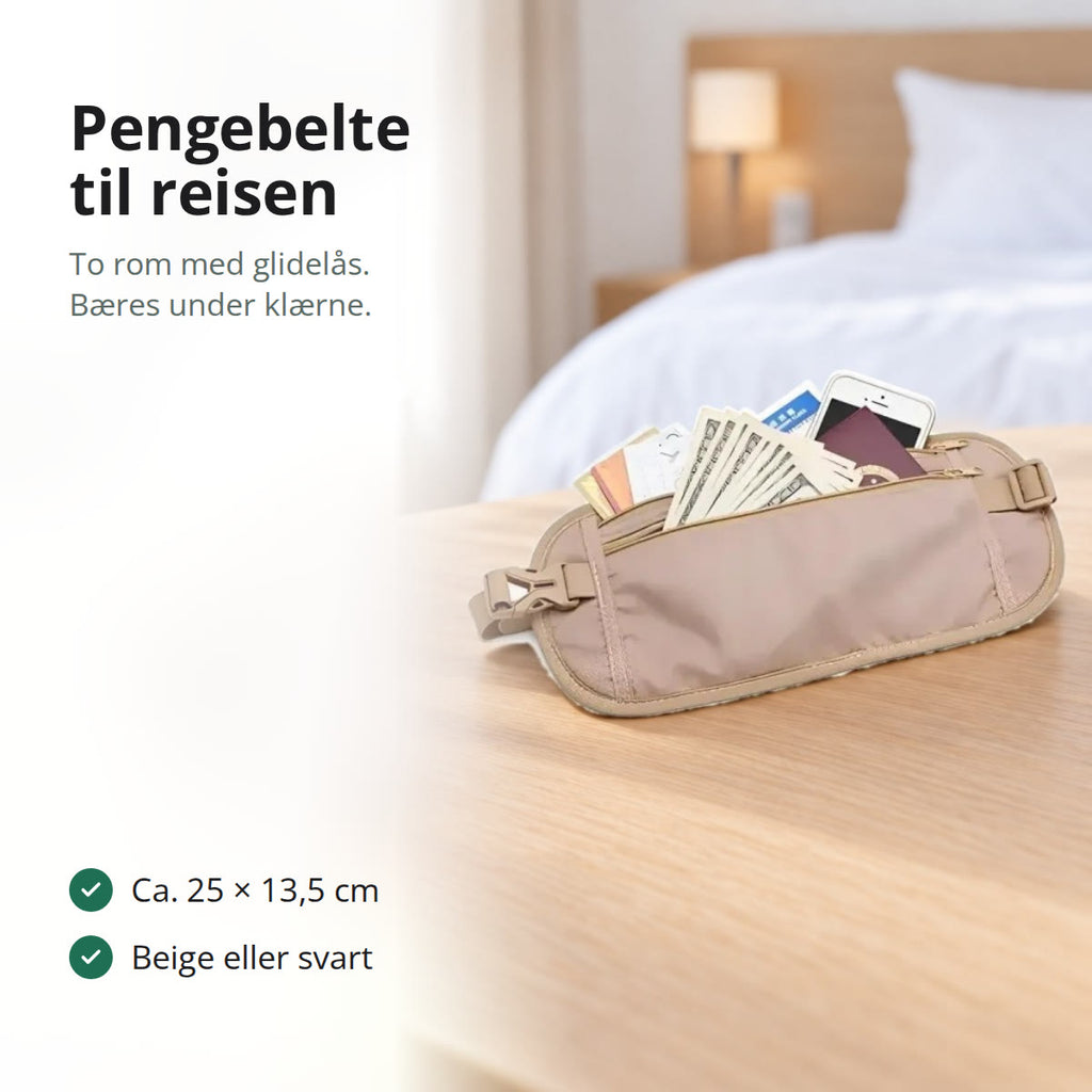 Beige pengebelte med pass, kort og kontanter på et skrivebord på et hotellrom