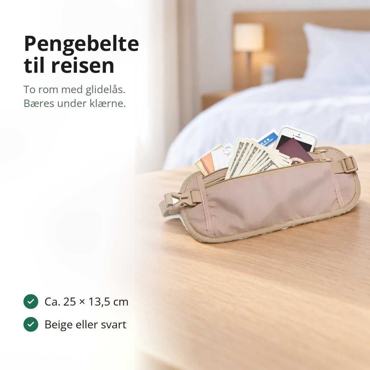 Beige pengebelte med pass, kort og kontanter på et skrivebord på et hotellrom