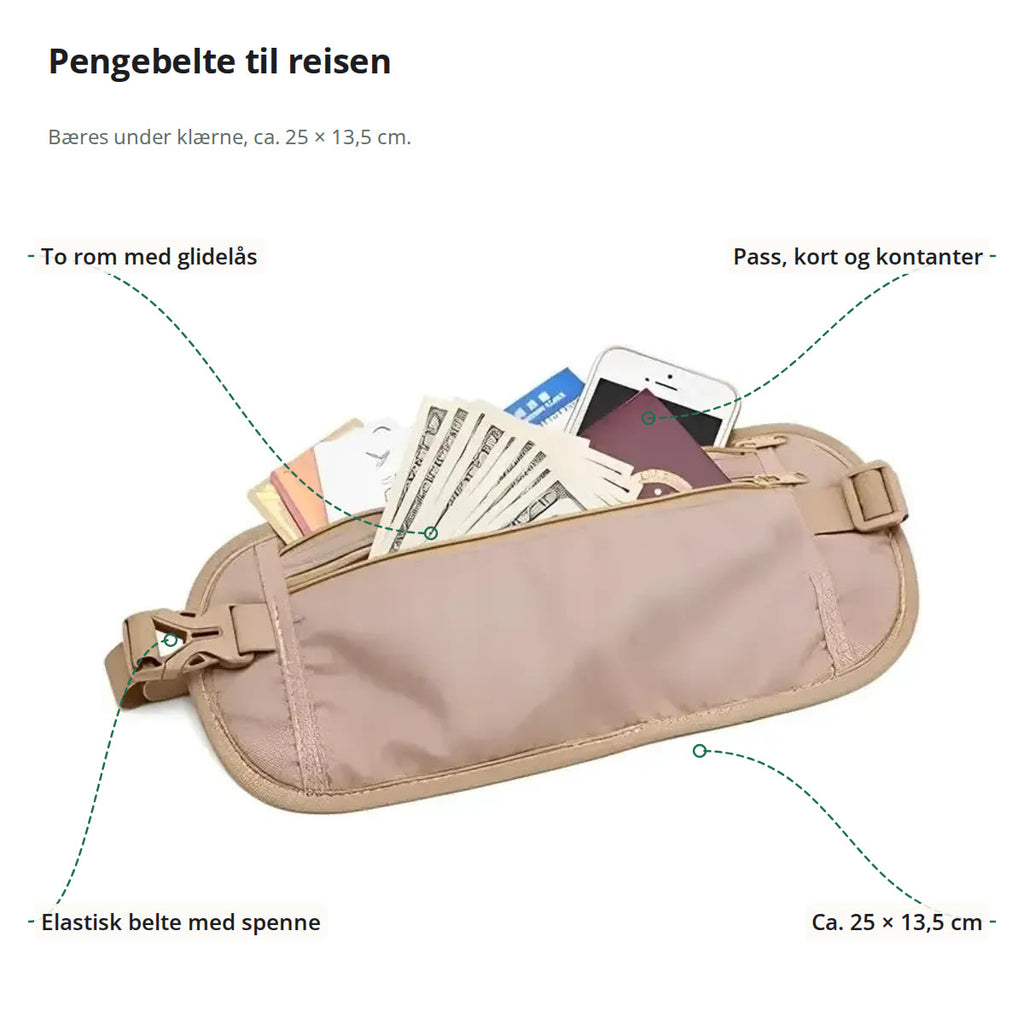 Pengebelte merket med to rom med glidelås, plass til pass, kort og kontanter, elastisk belte og målene