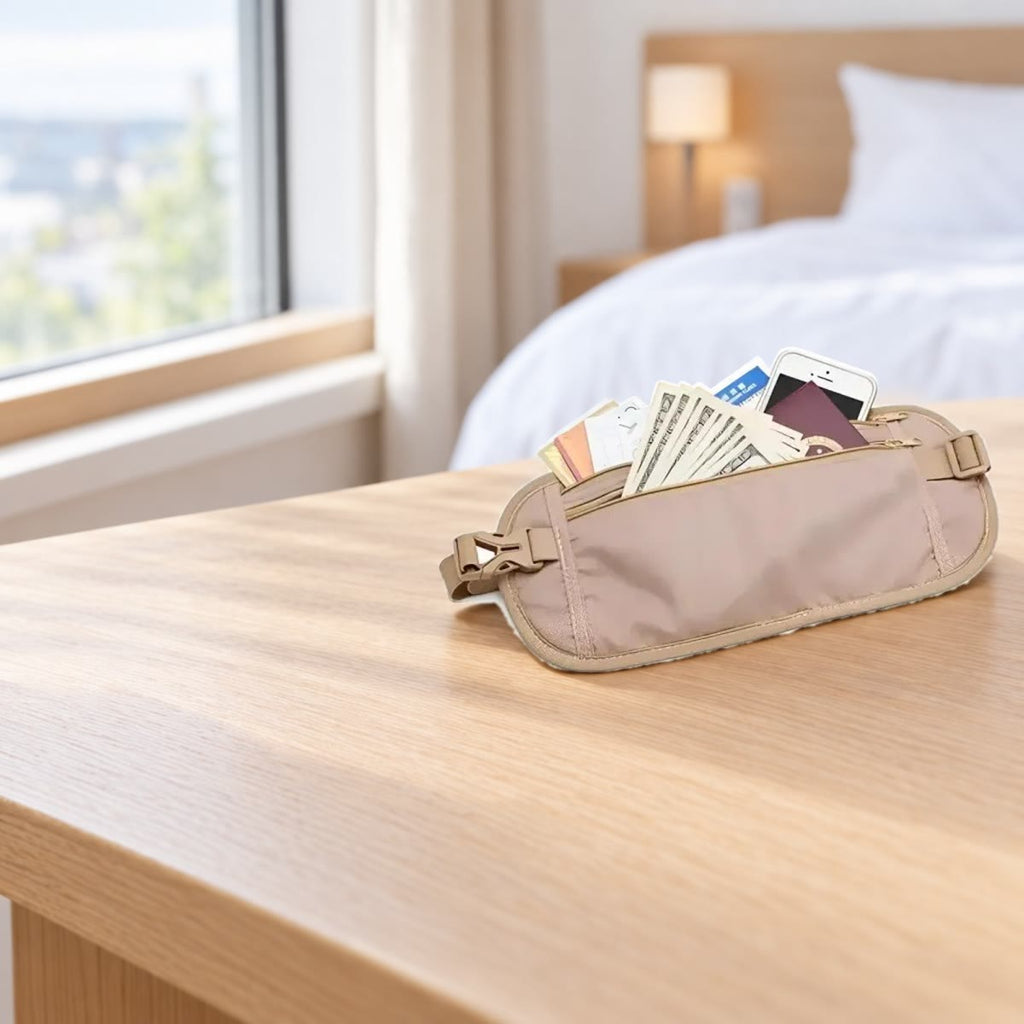Beige pengebelte med pass og kort på et lyst skrivebord ved vinduet