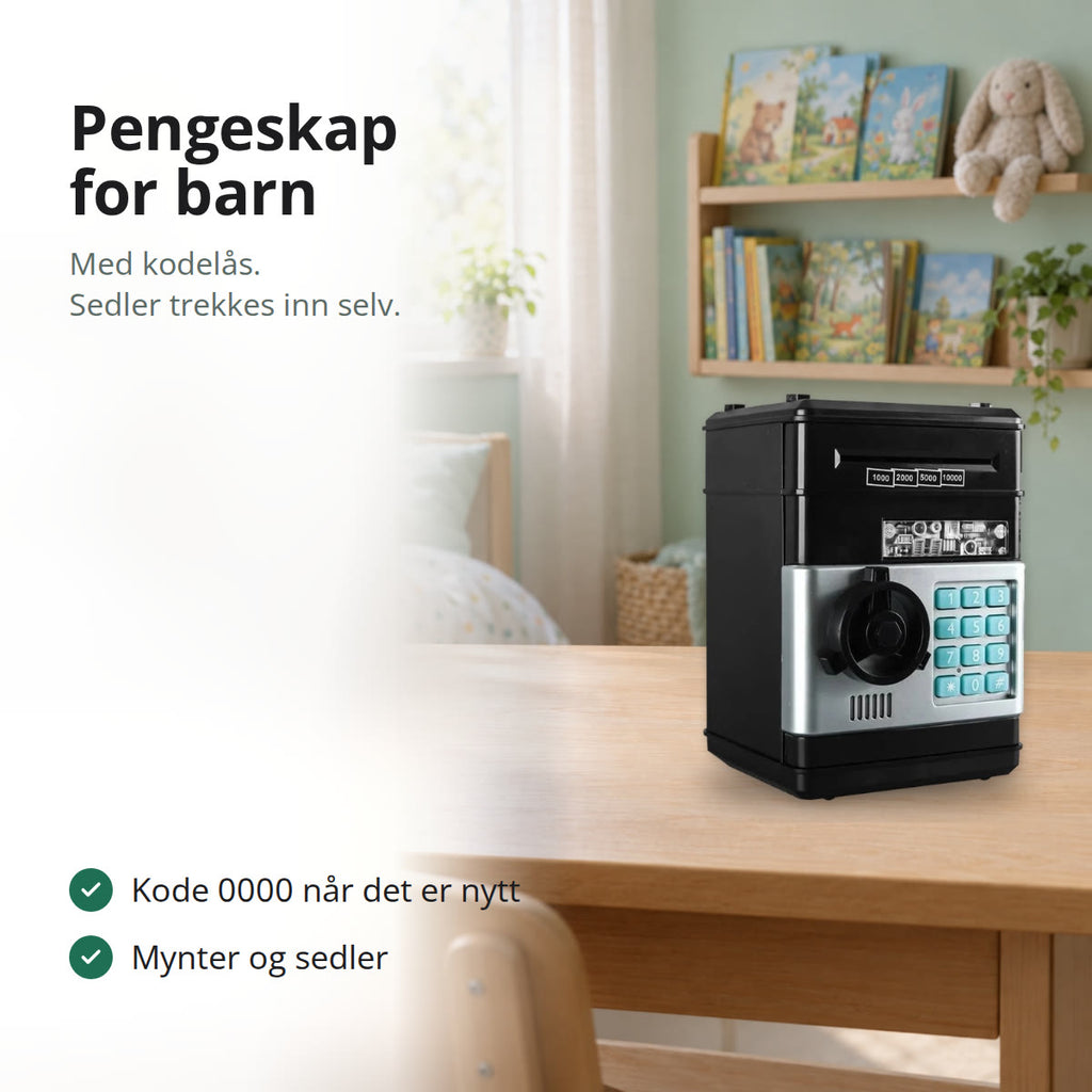Svart pengeskap for barn med kodetastatur og hjul, på et skrivebord på barnerommet