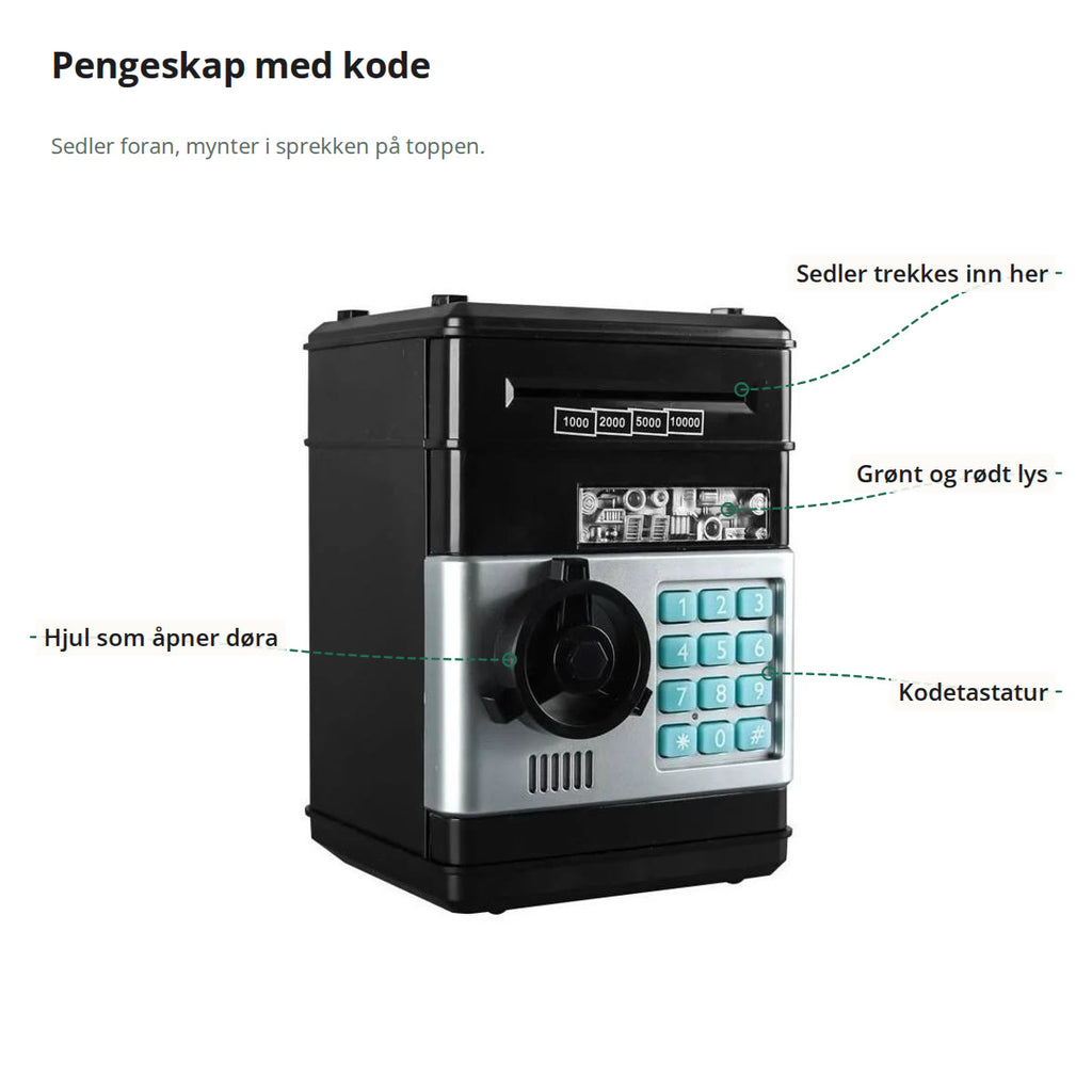 Pengeskap for barn merket med sedelsprekk, lys, kodetastatur og hjul som åpner døra