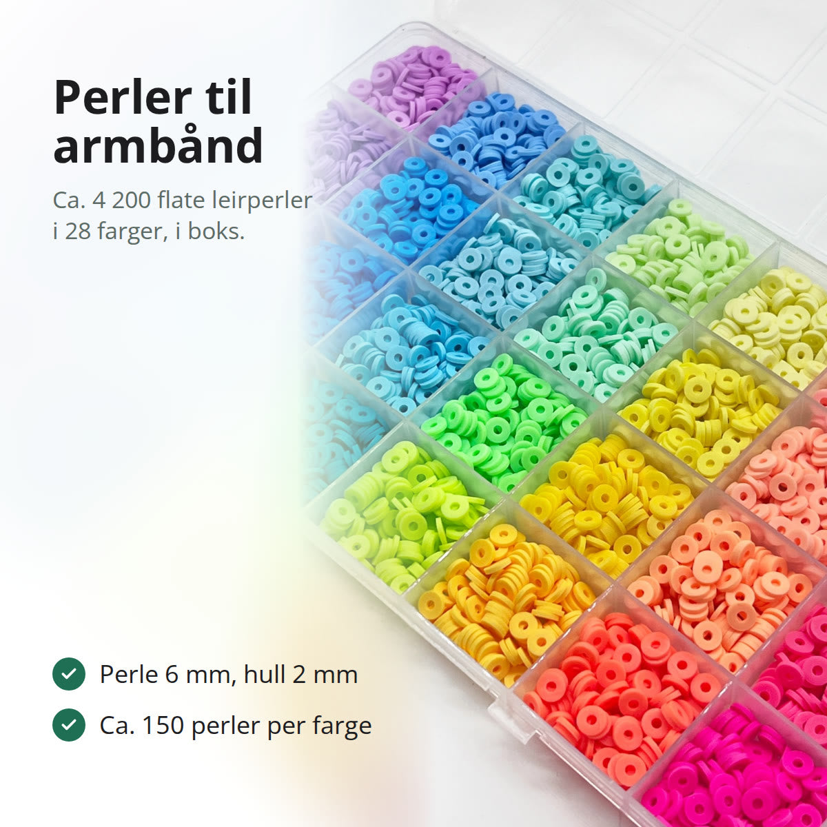 Boks med 28 rom fulle av flate leirperler i regnbuens farger, sett skrått ovenfra