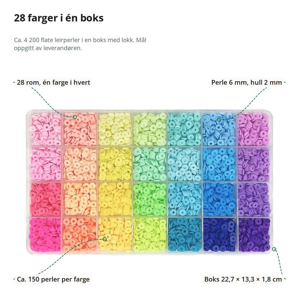 Perleboksen ovenfra merket med 28 rom med én farge i hvert, perle 6 mm med hull 2 mm, ca. 150 perler per farge og boks på 22,7 × 13,3 × 1,8 cm