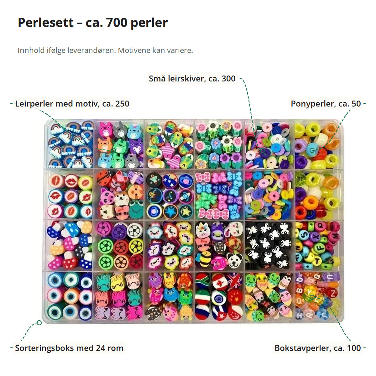 Perlesettet merket med leirperler med motiv, små leirskiver, ponyperler, bokstavperler og sorteringsboks med 24 rom