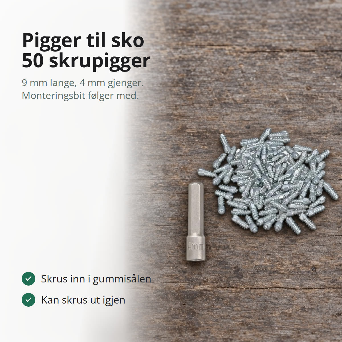 Femti små skrupigger i metall og en monteringsbit med sekskantet skaft, liggende på en værbitt arbeidsbenk i tre