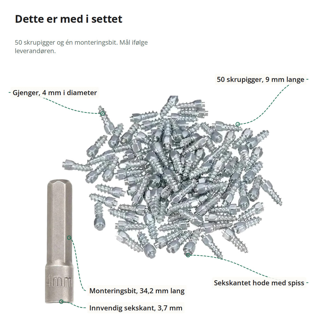 Settet merket med 50 skrupigger på 9 mm, gjenger på 4 mm, sekskantet hode med spiss og monteringsbit på 34,2 mm med innvendig sekskant