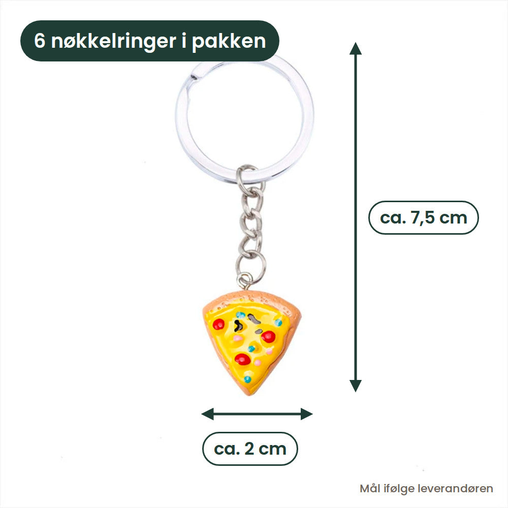 Én pizza-nøkkelring med mål: ca. 7,5 cm lang og ca. 2 cm bred