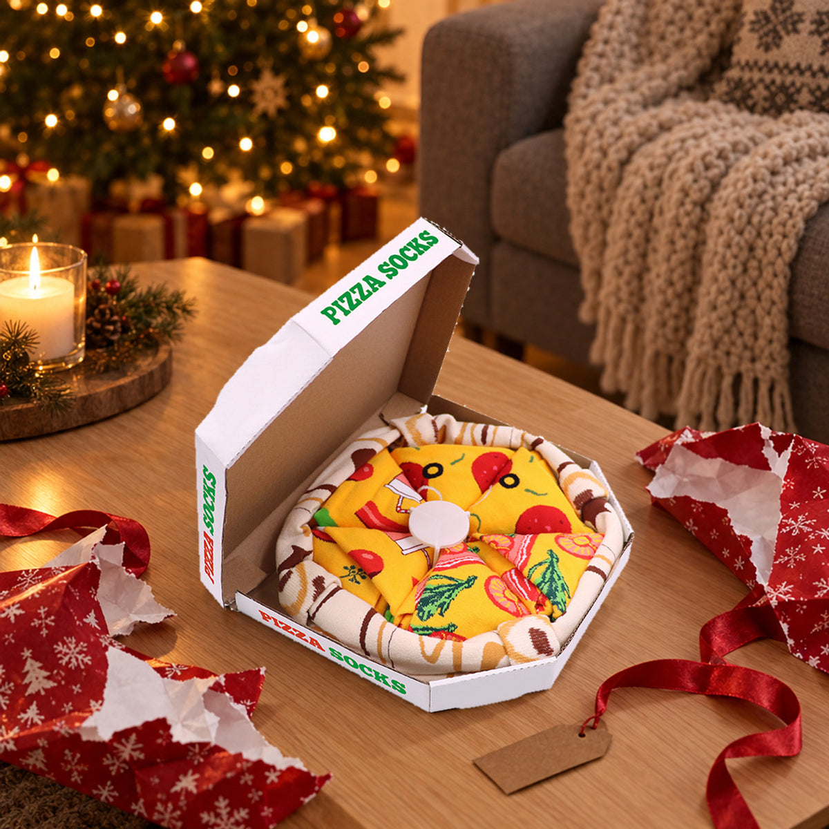 Åpen pizzaeske med fire par sokker rullet som pizzastykker på et salongbord ved juletreet, med revet gavepapir og rødt bånd