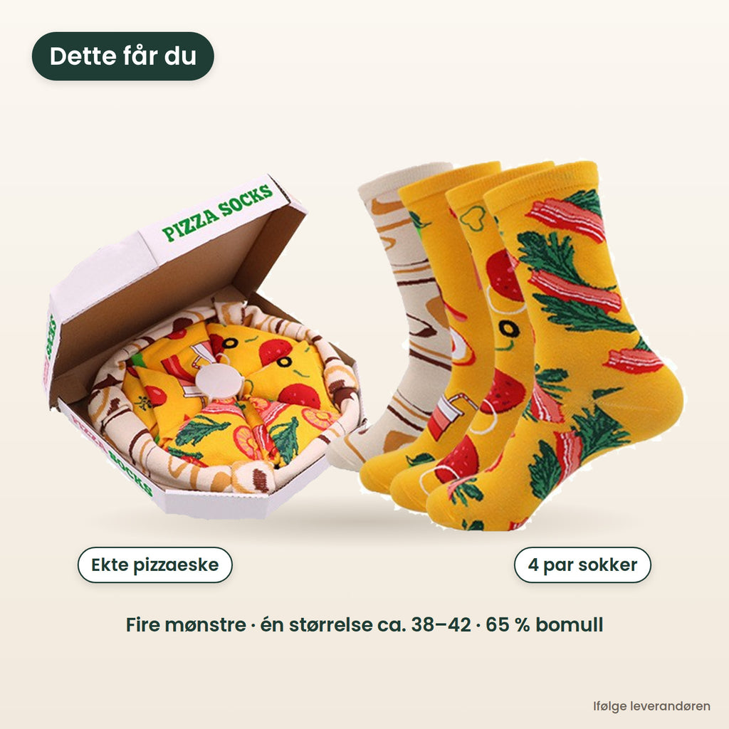 Dette får du: pizzaesken og fire par sokker i fire pizzamønstre, én størrelse ca. 38–42