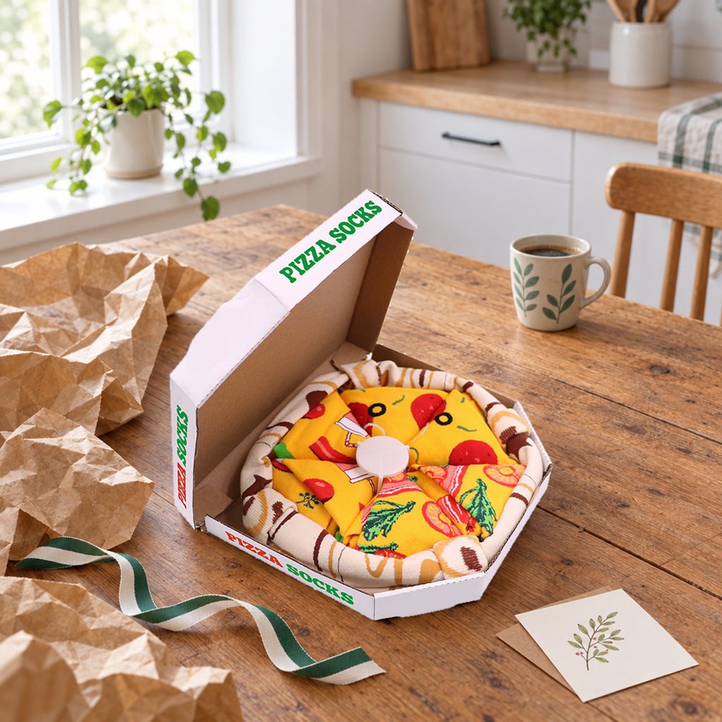 Pizzasokkene i pizzaesken på et kjøkkenbord som bursdagsgave, med gavepapir og bånd